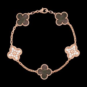 Vòng Tay Van Cleef & Arpels Alhambra Vàng Hồng Kim Cương Xà Cừ Xám 19cm (1)