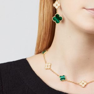 Vòng Cổ Van Cleef & Apels Alhambra Đá Khổng Tước Đính Kim Cương Tự Nhiên 10 Bông Hoa 42cm (2)