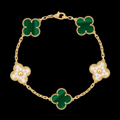 Vòng Tay Van Cleef & Arpels Alhambra Vàng 18K Kim Cương Tự Nhiên Mix Đá Khổng Tước 19cm (2)
