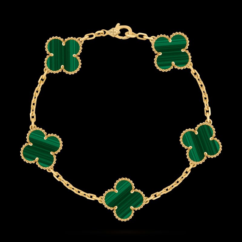 Vòng Tay Van Cleef & Arpels Vintage Abraham Cỏ 4 Lá Đá Khổng Tước Xanh Lá Cây 19cm